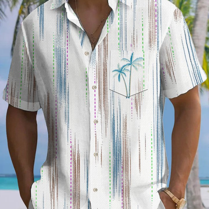 Alohadaddy Casual Daily Stripes Palm Trees Print Art Button Cardigan Pockets Breathable Soft Long Large Size Short Sleeve Shirt