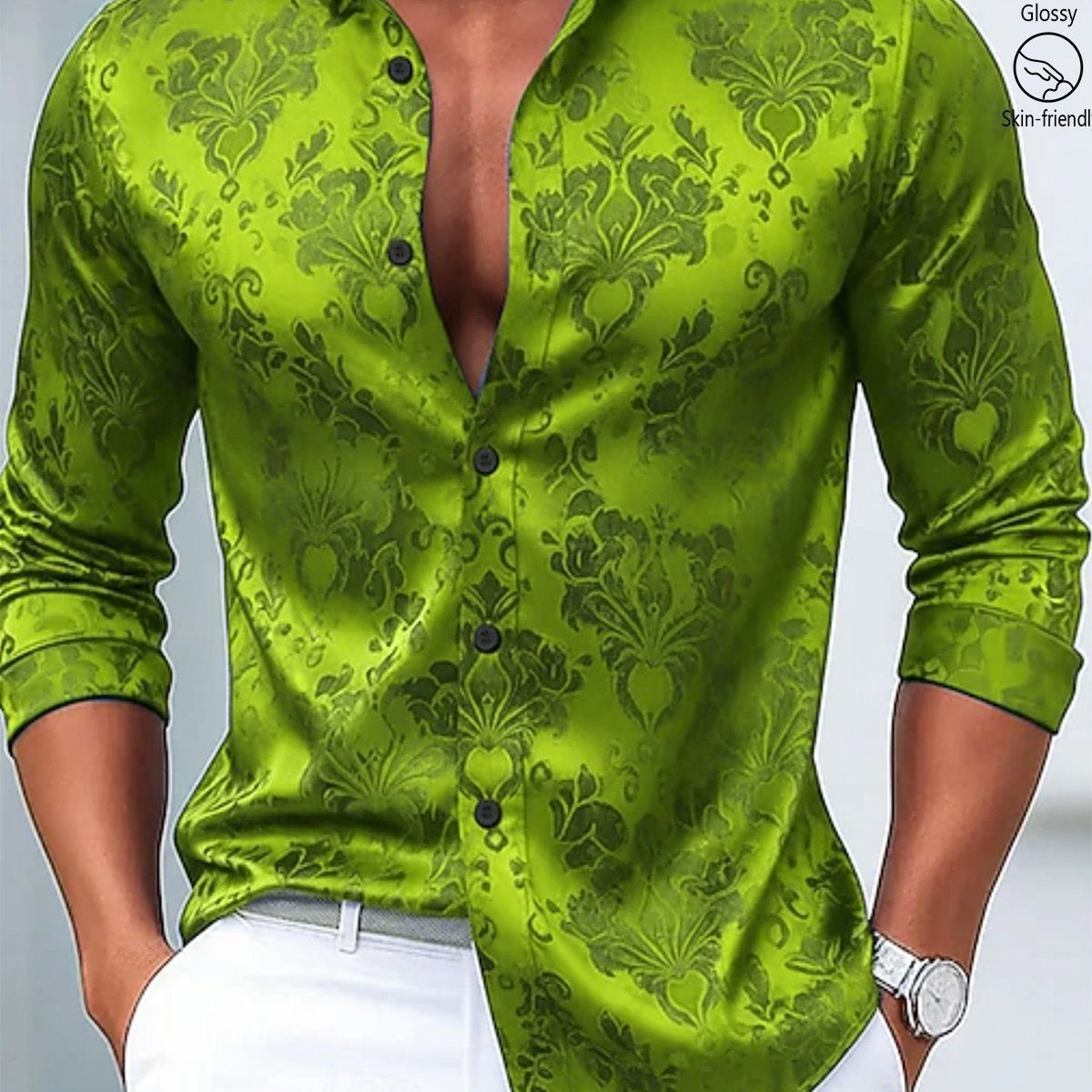 Alohadaddy® Vintage Palace Jacquard Print Elastic Button Men's Long Sleeve Shirt Big & Tall