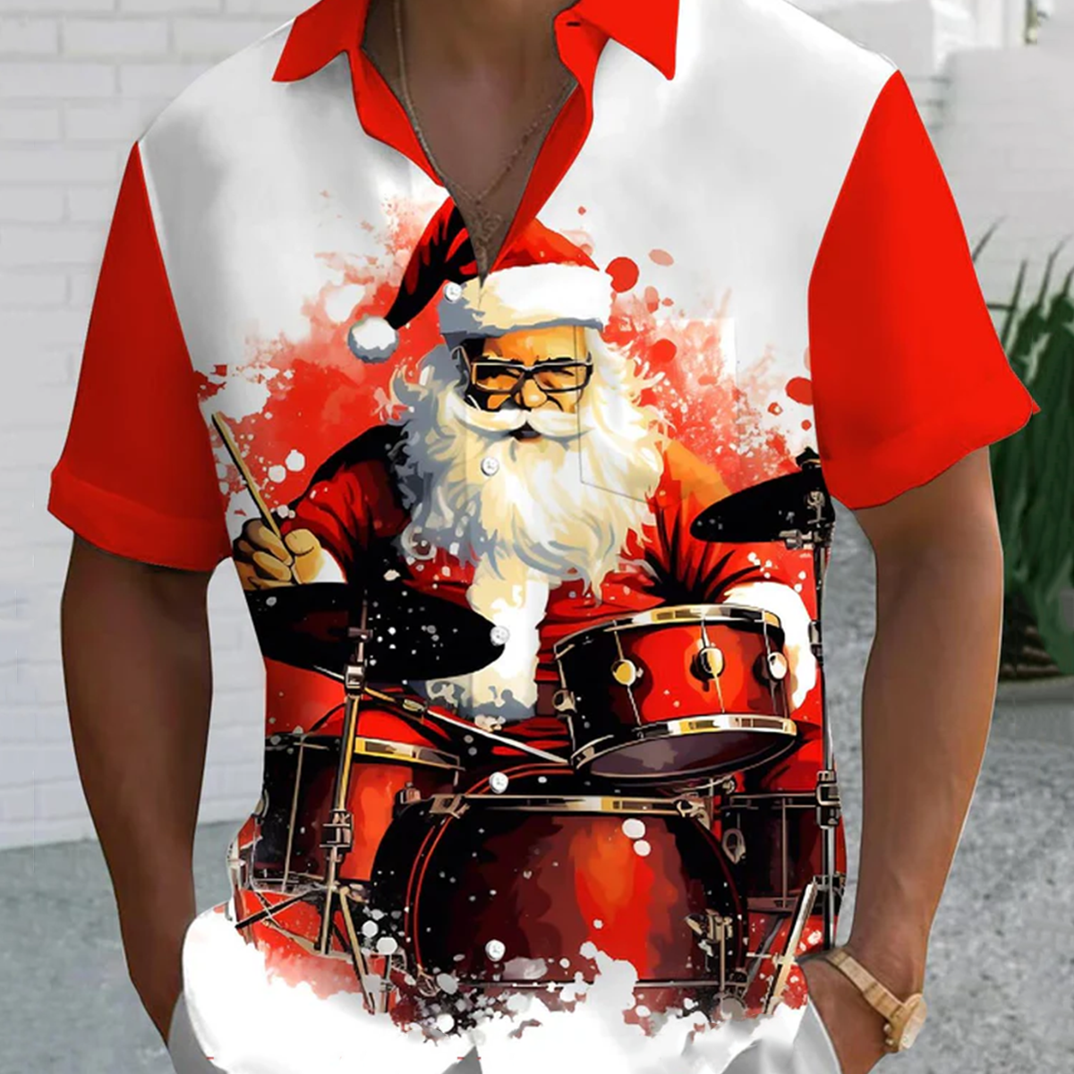Alohadaddy® Christmas Santa Claus Color Block Print Stretch Button Men's Short Sleeve Shirt Big & Tall