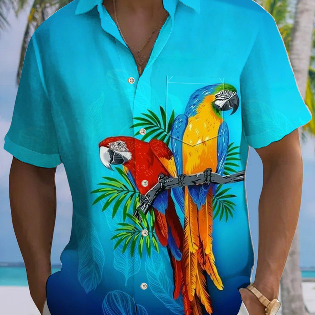 Alohadaddy® Hawaiian Parrot Art Print Chest Pocket Men's Short Sleeve Shirt Big & Tall