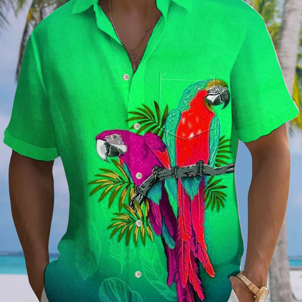Alohadaddy® Hawaiian Parrot Art Print Chest Pocket Men's Short Sleeve Shirt Big & Tall