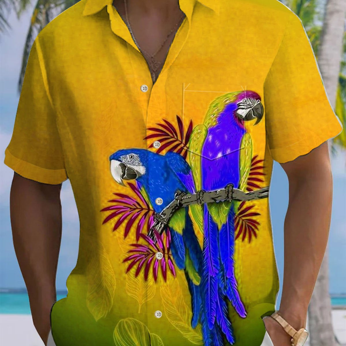 Alohadaddy® Hawaiian Parrot Art Print Chest Pocket Men's Short Sleeve Shirt Big & Tall