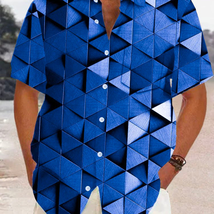 Alohadaddy Retro Geometric 3D Print Men's Button Pocket Short Sleeve Shirt
