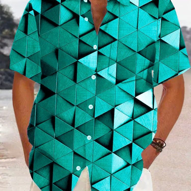 Alohadaddy Retro Geometric 3D Print Men's Button Pocket Short Sleeve Shirt