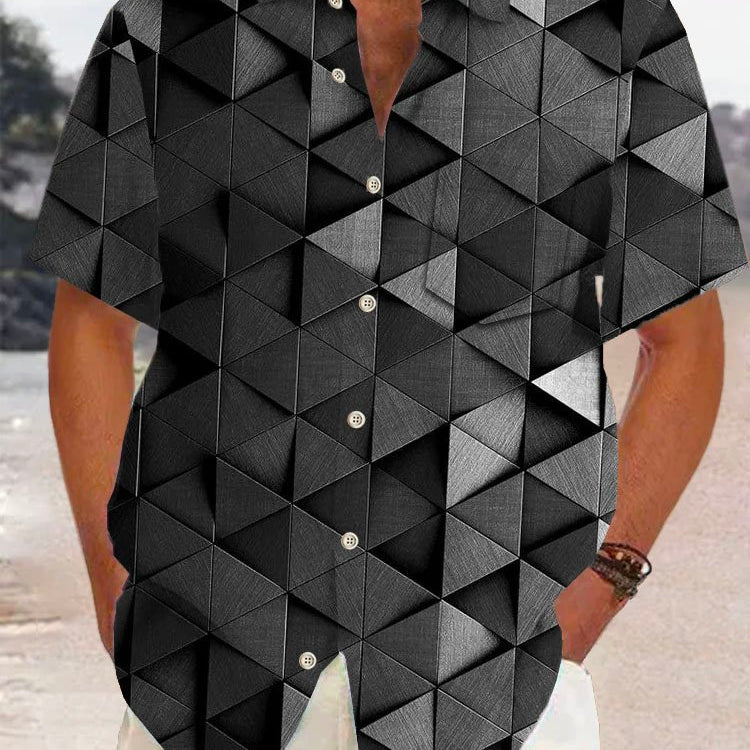 Alohadaddy Retro Geometric 3D Print Men's Button Pocket Short Sleeve Shirt