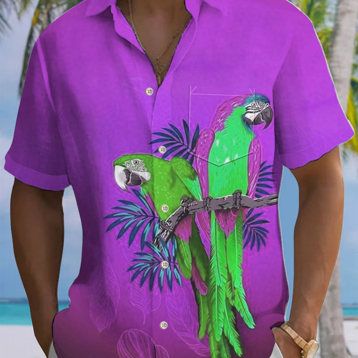 Alohadaddy® Hawaiian Parrot Art Print Chest Pocket Men's Short Sleeve Shirt Big & Tall