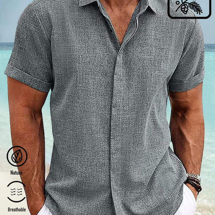Camisa básica de lino y algodón con botones y manga corta para hombre de Alohadaddy