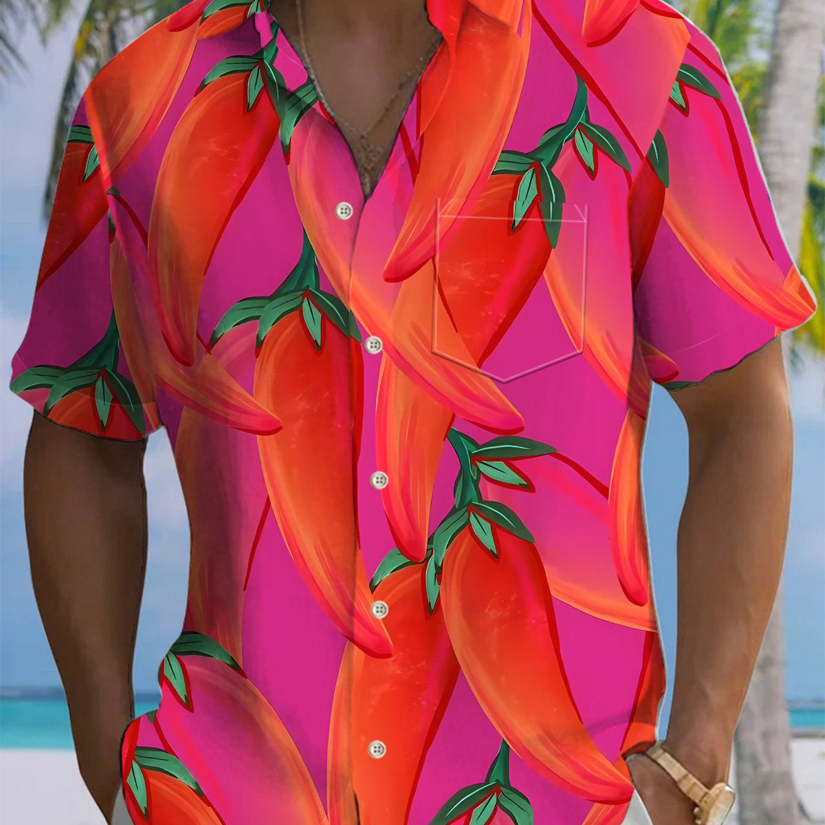 Alohadaddy® Hawaiian Chili Pepper Art Print Chest Pocket Men's Short Sleeve Shirt Big & Tall