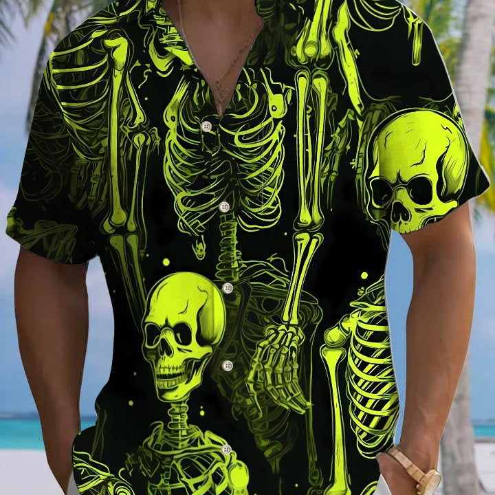 Alohadaddy® Retro Party Skull Art Print Chest Pocket Men's Stretch Short Sleeve Shirt Big & Tall