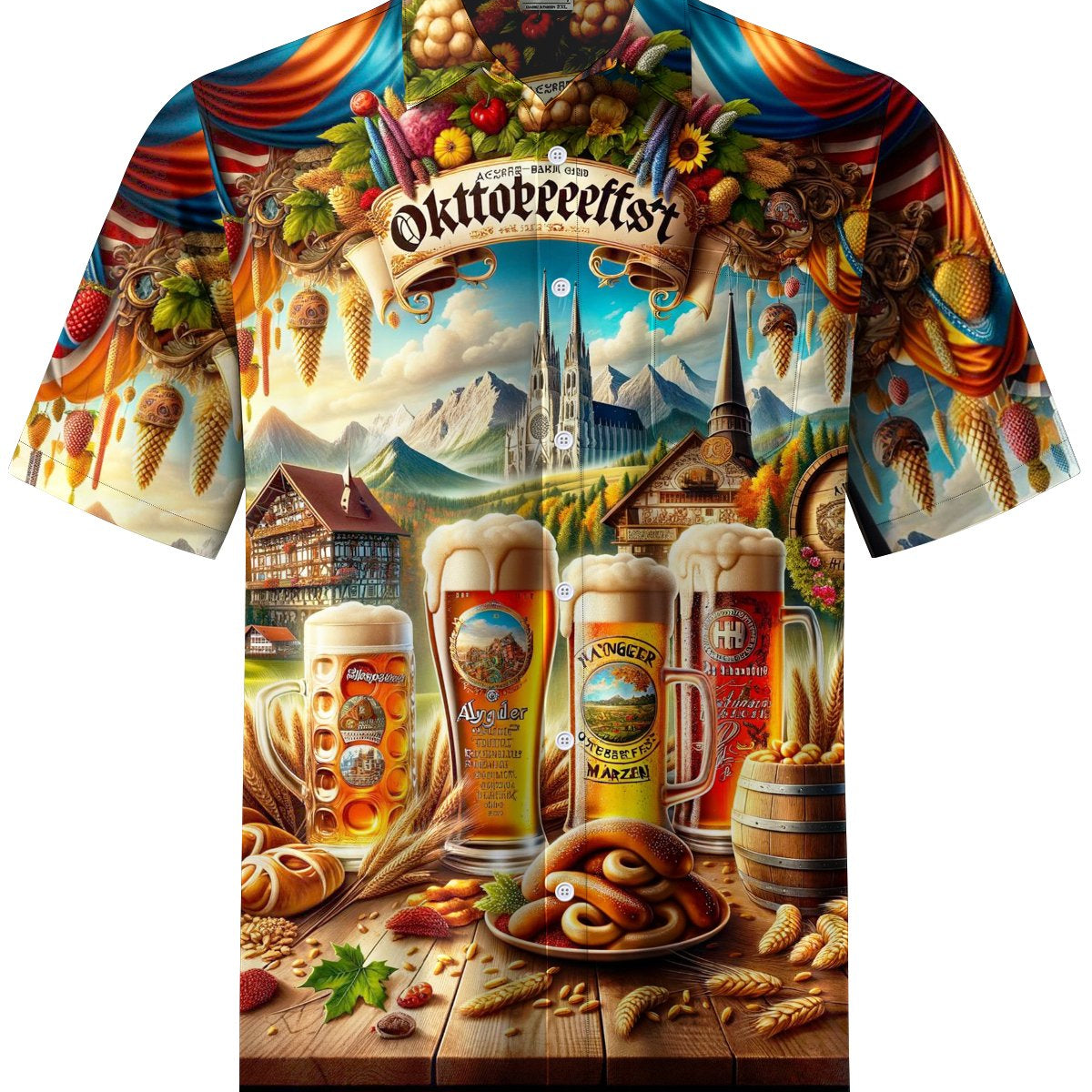 Alohadaddy® Vintage Oktto Oktoberfest Print Stretch Pocket Button Men's Short Sleeve Shirt Big & Tall