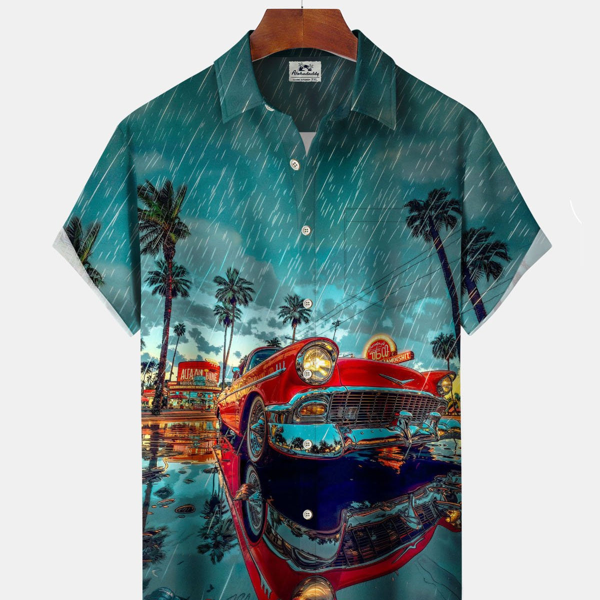 Alohadaddy® Hawaiian Rainy Car Print Art Stretch Men's Short Sleeve Shirt Big & Tall
