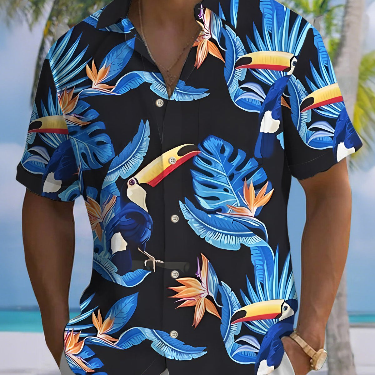 Alohadaddy® Men's Short-Sleeve Button-Down Shirt with Parrot Print and Chest Pocket
