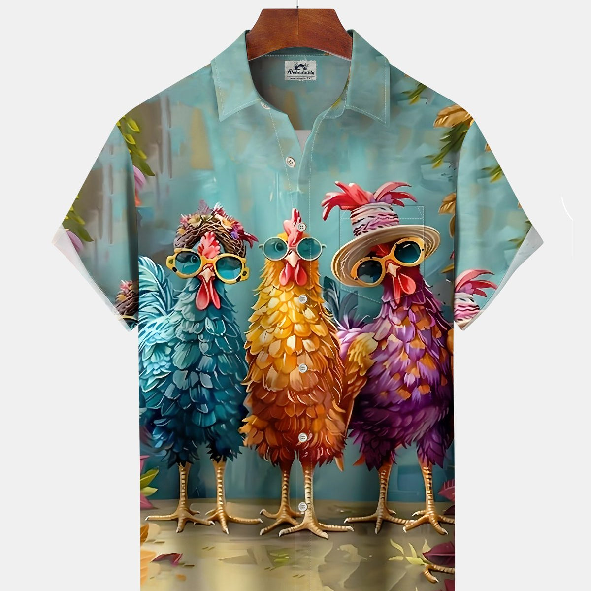 Alohadaddy® Men's Short-Sleeve Button-Down Shirt Vintage Rooster Print with Pocket