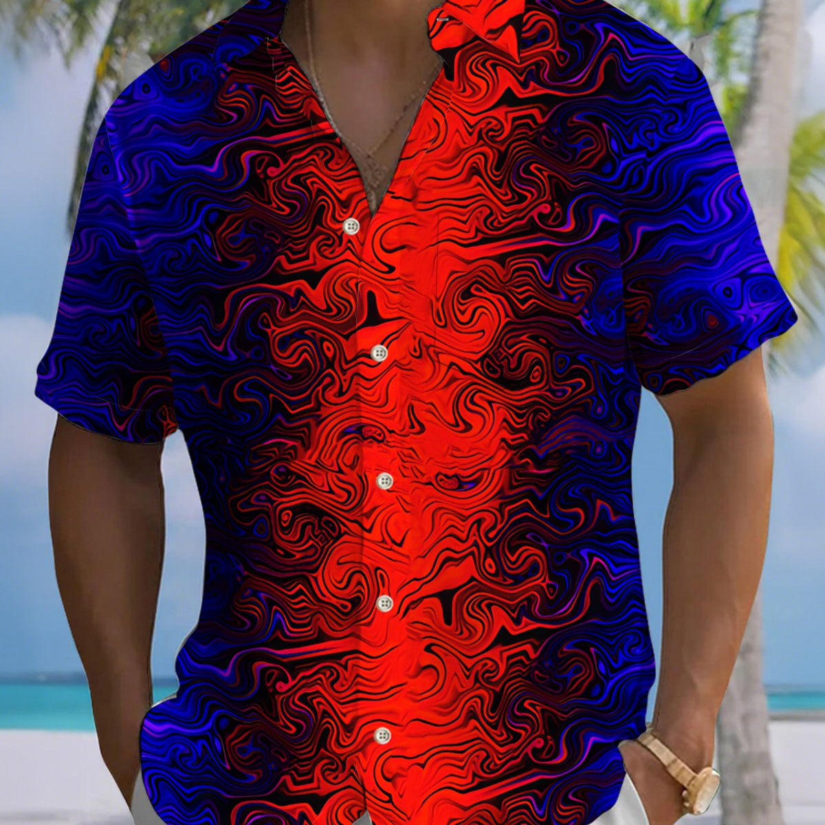 Alohadaddy® Casual Gradient Print Art Button Pocket Cardigan Men's Short Sleeve Shirt