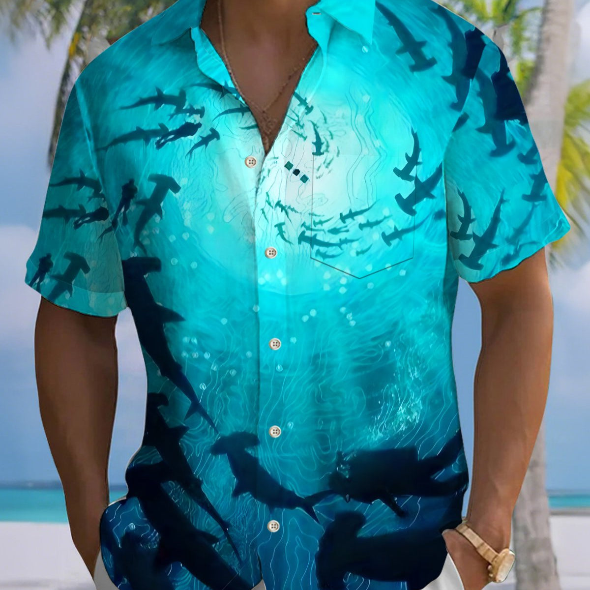 Alohadaddy® Hawaiian Marine Life Print Art Button Pocket Cardigan Men's Short Sleeve Shirt