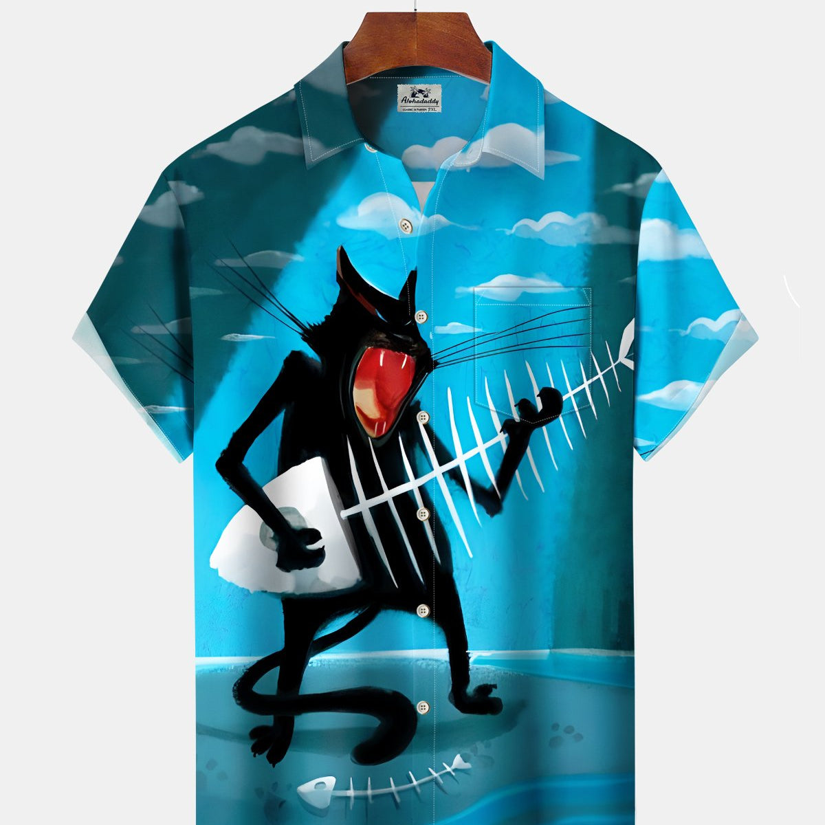 Alohadaddy® Men's Short-Sleeve Cardigan Shirt Hawaiian Style with Musical Cat Graphic Art and Pocket