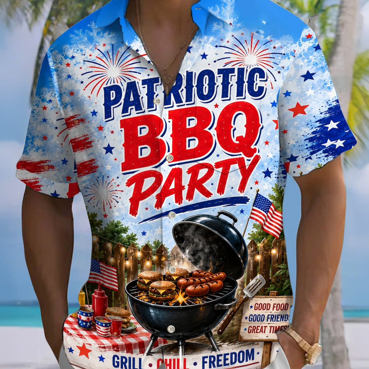 Alohadaddy® Holiday Labor Day Graphic Print Button-Down Pocket Cardigan-Style Men's Short-Sleeve Shirt