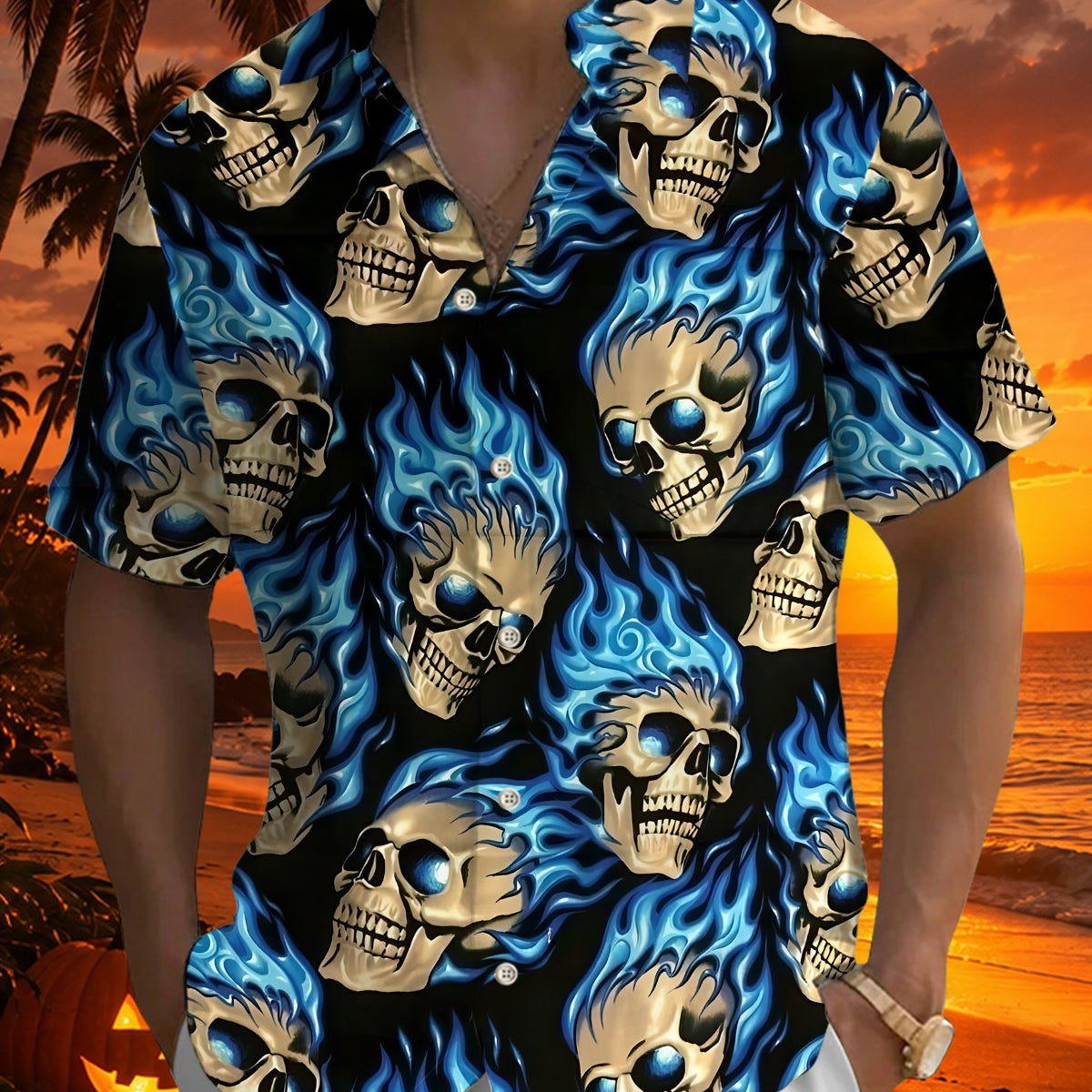 Alohadaddy® Holiday Skull Halloween Print Button-Down Pocket Cardigan-Style Men's Short-Sleeve Shirt