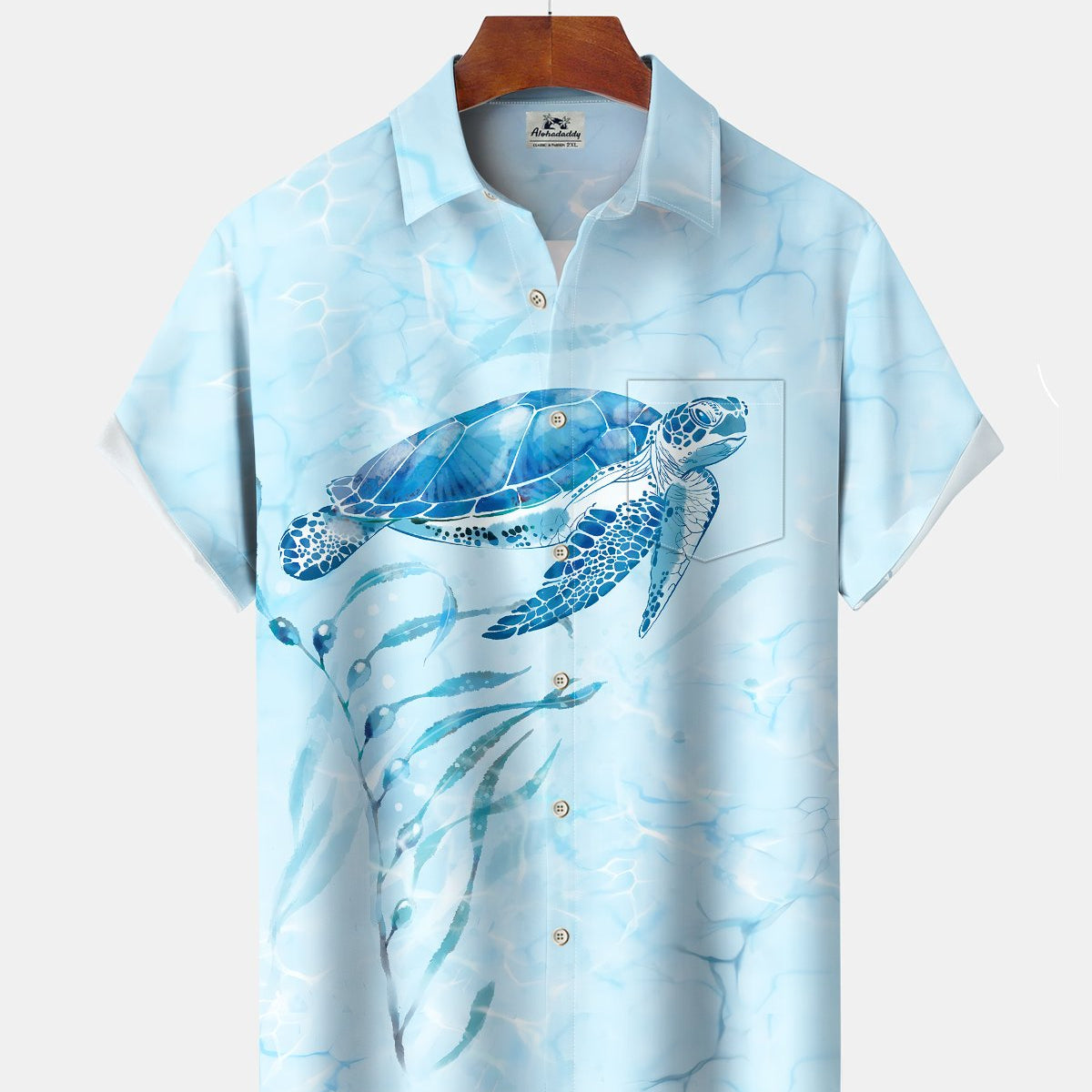 Alohadaddy® Men's Short-Sleeve Button-Down Shirt with Hawaiian Sea Turtle Print and Chest Pocket