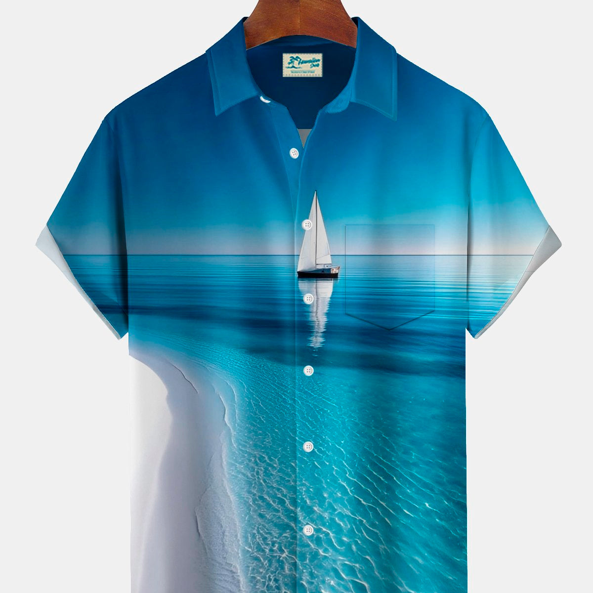 Alohadaddy® Hawaiian Beach Ocean Sailboat Print Men's Button-Down Short-Sleeve Shirt Big & Tall