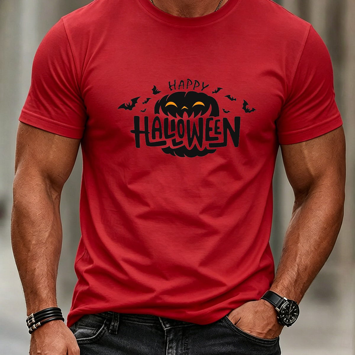Alohadaddy® Men's Casual Short-Sleeve T-Shirt With Halloween Pumpkin And Bat Print