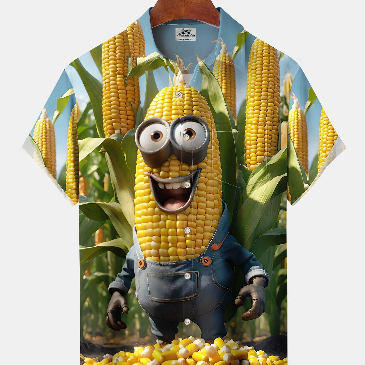 Alohadaddy Casual Everyday Corn in Overalls Print Art Polyester Stretch Button Cardigan Pockets Large Size Long Short Sleeve Shirt