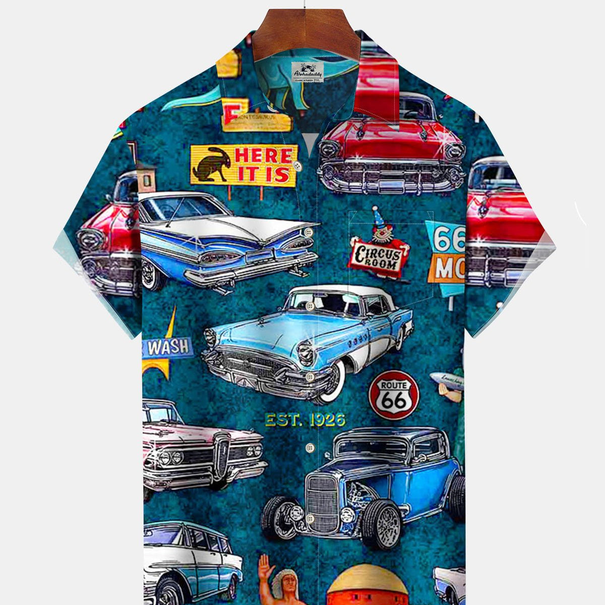 Alohadaddy® Vintage Route 66 Classic Car Art Print Stretch Button Pocket Men's Short Sleeve Shirt Big & Tall
