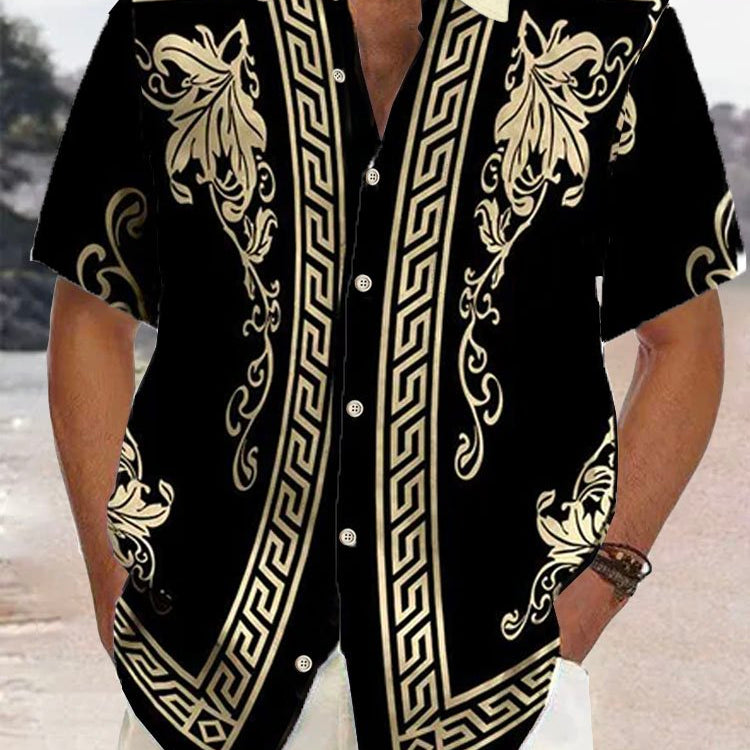 Alohadaddy Retro Geometric Gold Floral Print Men's Button Pocket Short Sleeve Shirt