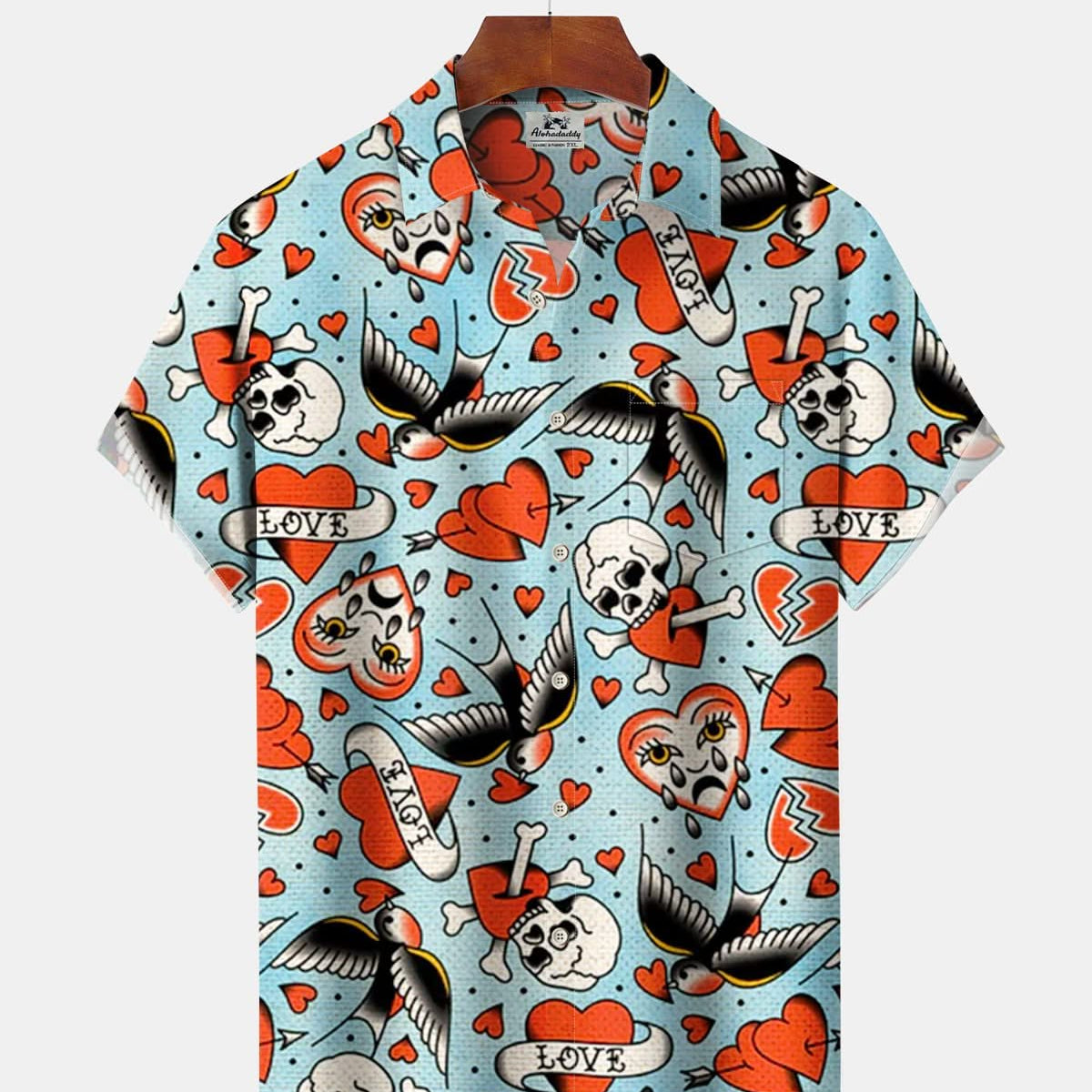 Alohadaddy® Vintage Skull & Bird Art Print Art Pocket Button Stretch Men's Short-Sleeve Shirt Big & Tall