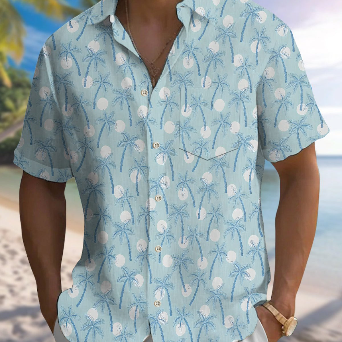 Alohadaddy® Hawaiian Palm Tree Print Men's Short-Sleeve Shirt Button-Down Cardigan Style with Pocket