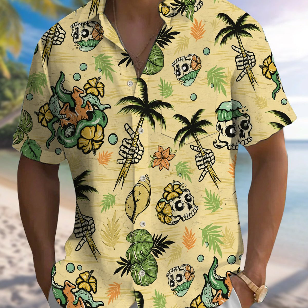 Alohadaddy® Men's Short-Sleeve Button-Down Shirt with Palm Tree Print and Chest Pocket