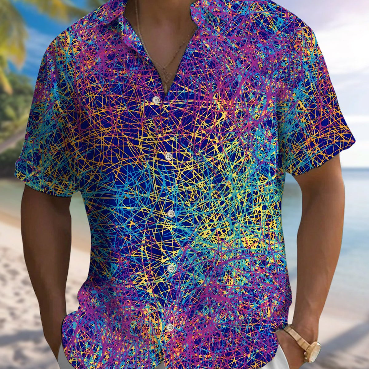 Alohadaddy® Men's Short-Sleeve Button-Down Shirt Vintage Abstract Print with Pocket