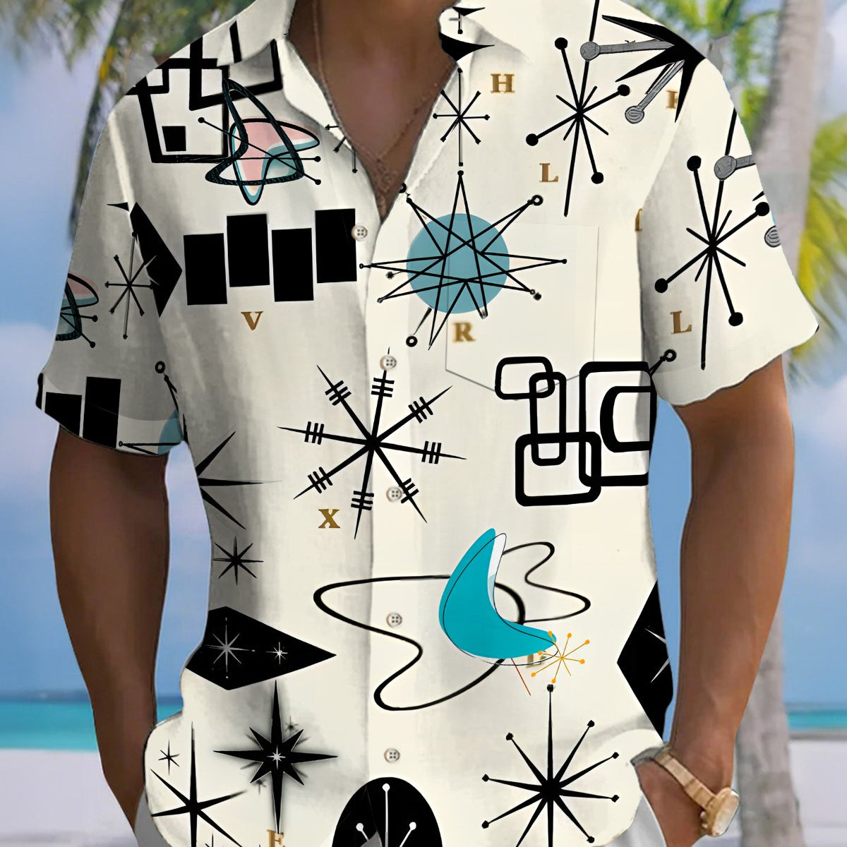 Alohadaddy® Men's Short-Sleeve Casual Cardigan Shirt Geometric Art Print, Button-Front with Pocket