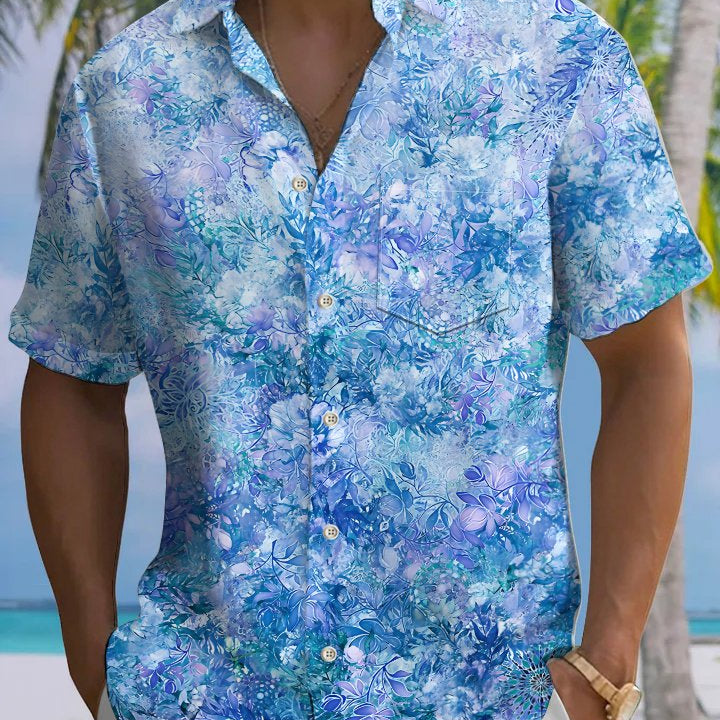 Alohadaddy Hawaiian Flowers Gradient Print Art Button Cardigan Pockets Breathable Soft Long Large Size Short Sleeve Shirt