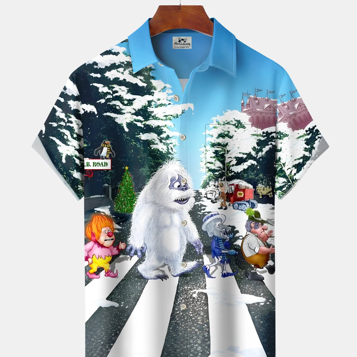 Alohadaddy® Christmas Fun Cartoon Snowman Crossing the Street Pocket Short-Sleeve Shirt