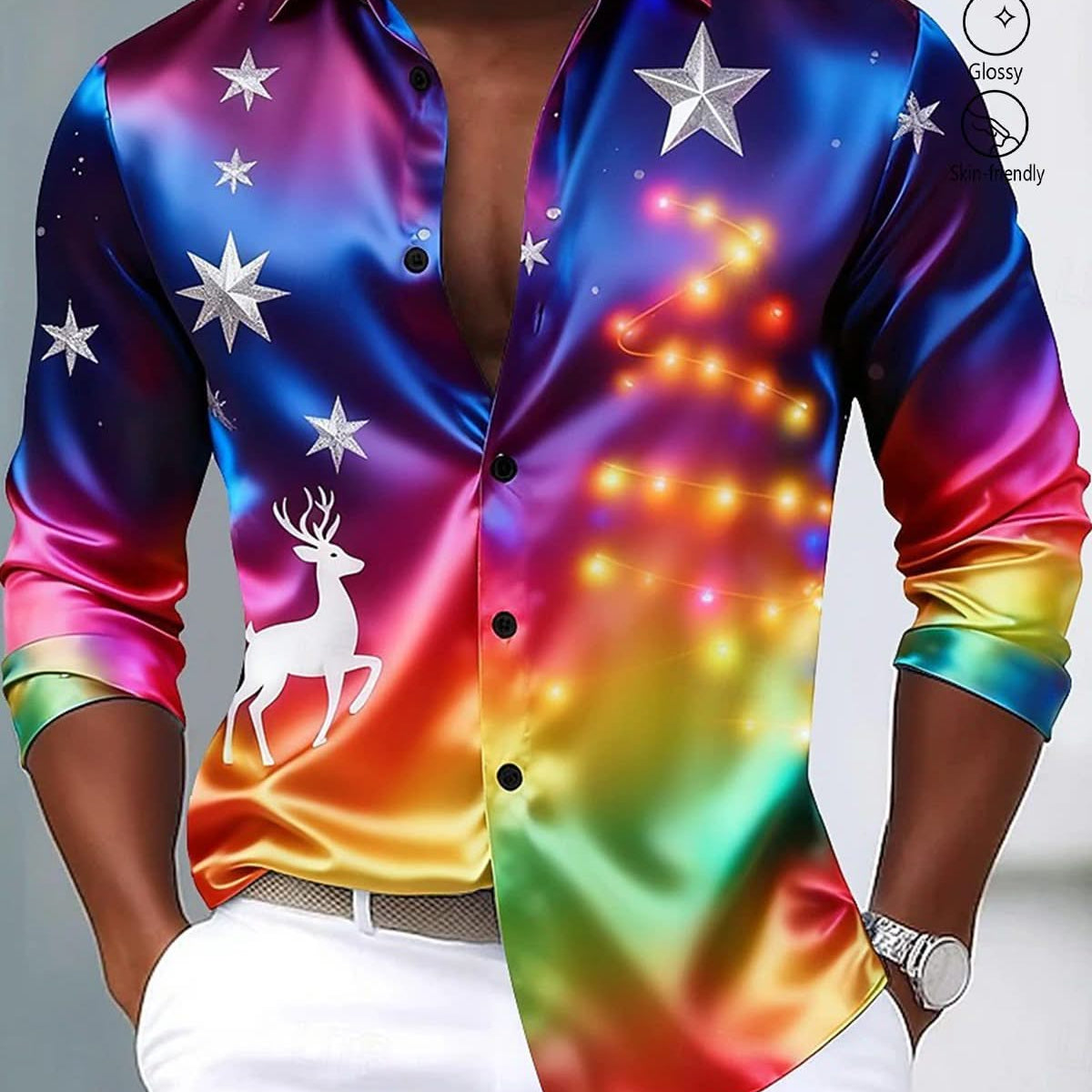 Alohadaddy® Holiday Christmas Tree Reindeer Gradient Men's Long-Sleeve Shirt