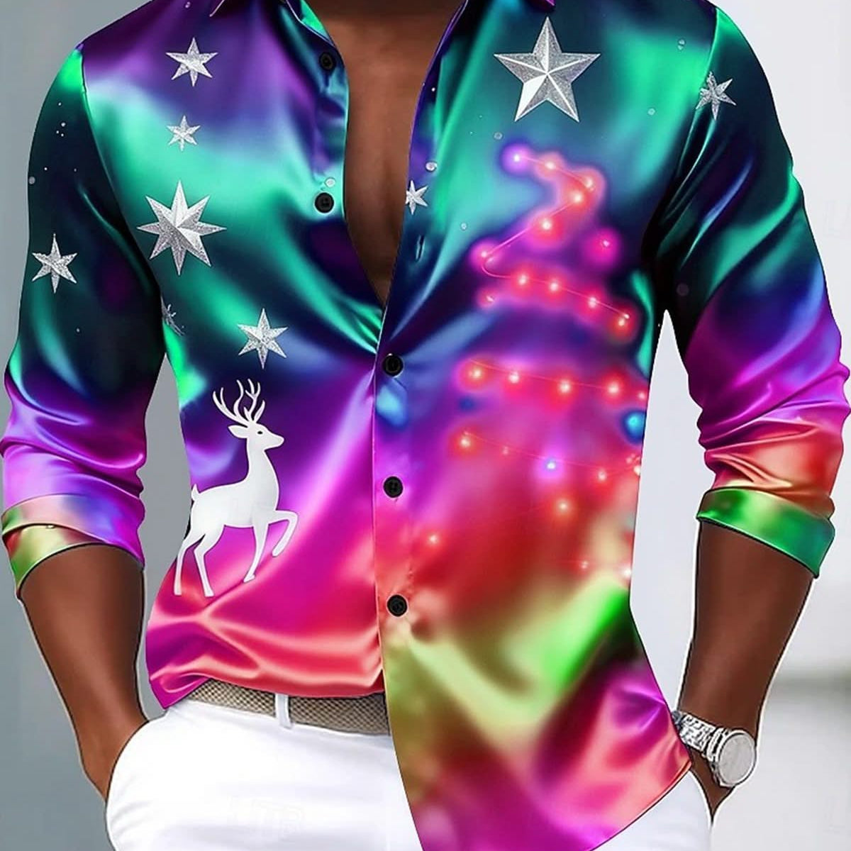 Alohadaddy® Holiday Christmas Tree Reindeer Gradient Men's Long-Sleeve Shirt