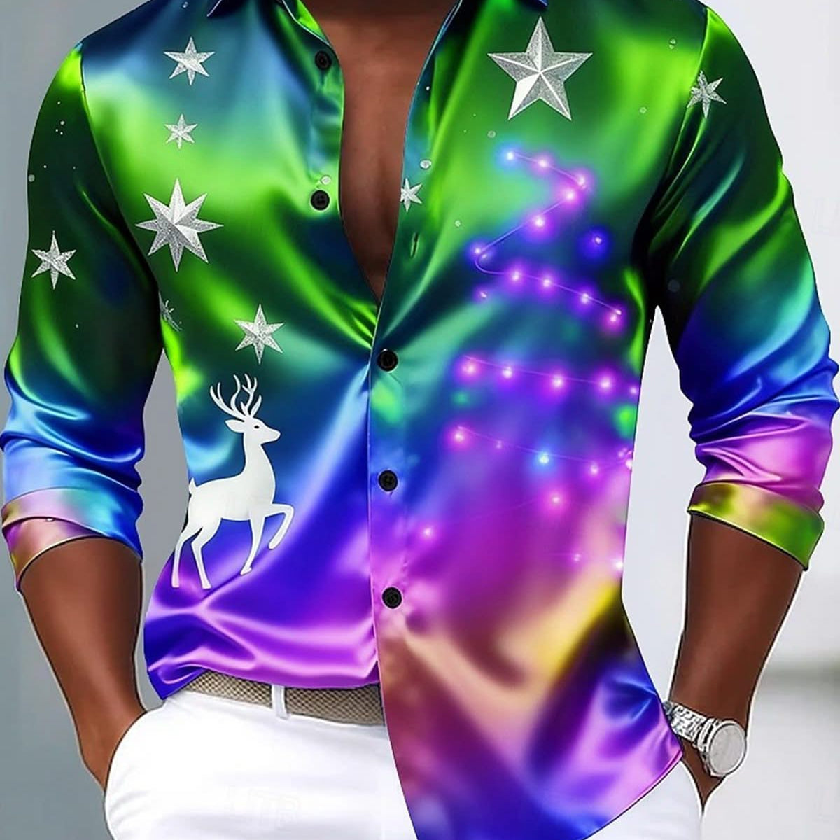 Alohadaddy® Holiday Christmas Tree Reindeer Gradient Men's Long-Sleeve Shirt