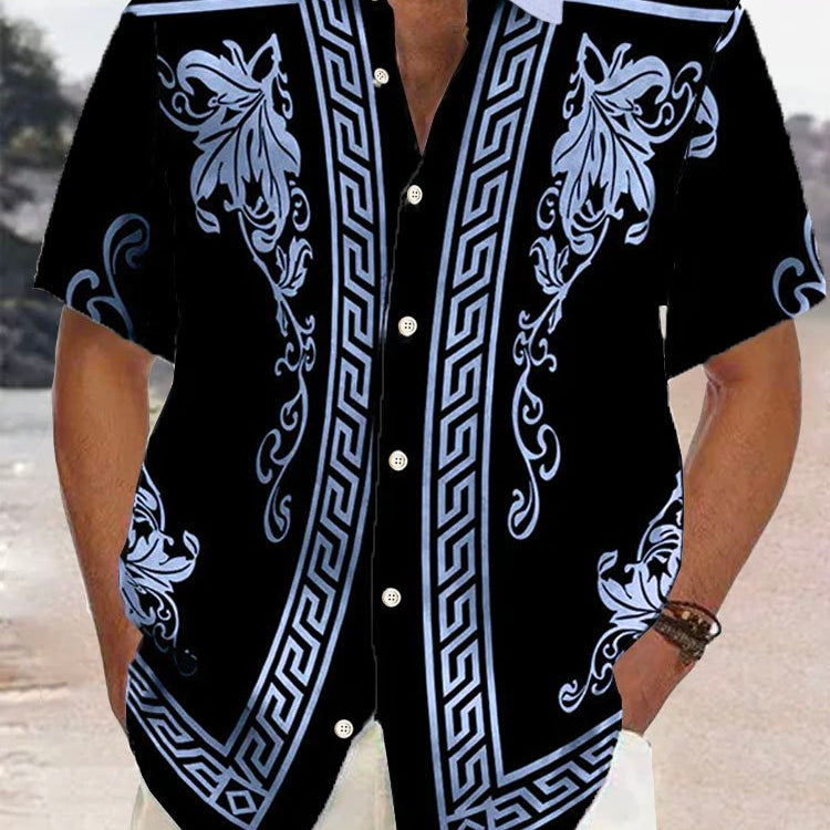Alohadaddy Retro Geometric Gold Floral Print Men's Button Pocket Short Sleeve Shirt