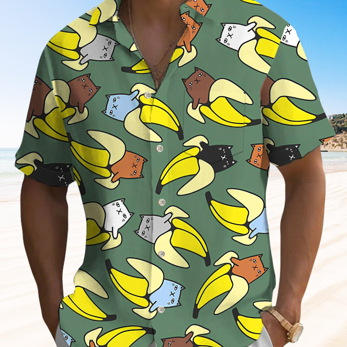 Alohadaddy® Casual Fun Cartoon Banana Cat Printed Pocket Elastic Button Men's Long Sleeve Shirt Big & Tall