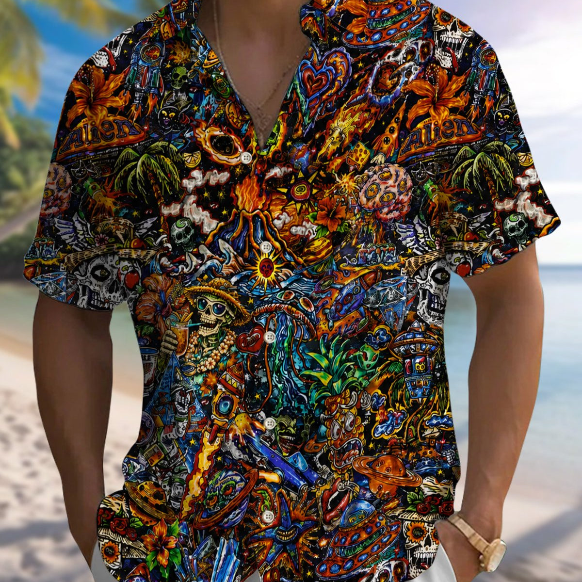 Alohadaddy® Vintage Graffiti Print Art Button-Down Pocket Cardigan-Style Men's Short-Sleeve Shirt