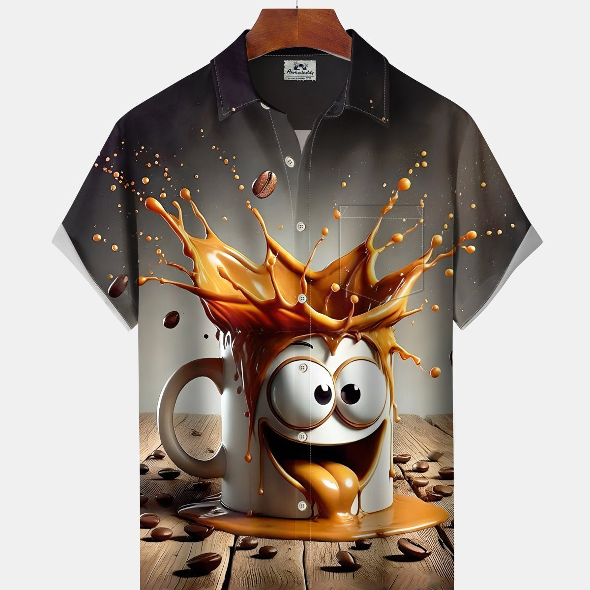 Alohadaddy® Men's Short-Sleeve Cardigan Shirt Retro Cartoon Coffee Cup Print Button-Front and Pocket Detail