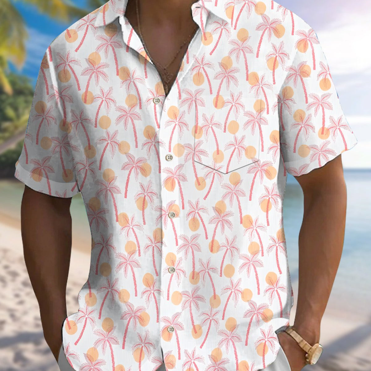 Alohadaddy® Hawaiian Palm Tree Print Art Button Pocket Cardigan Men's Short Sleeve Shirt