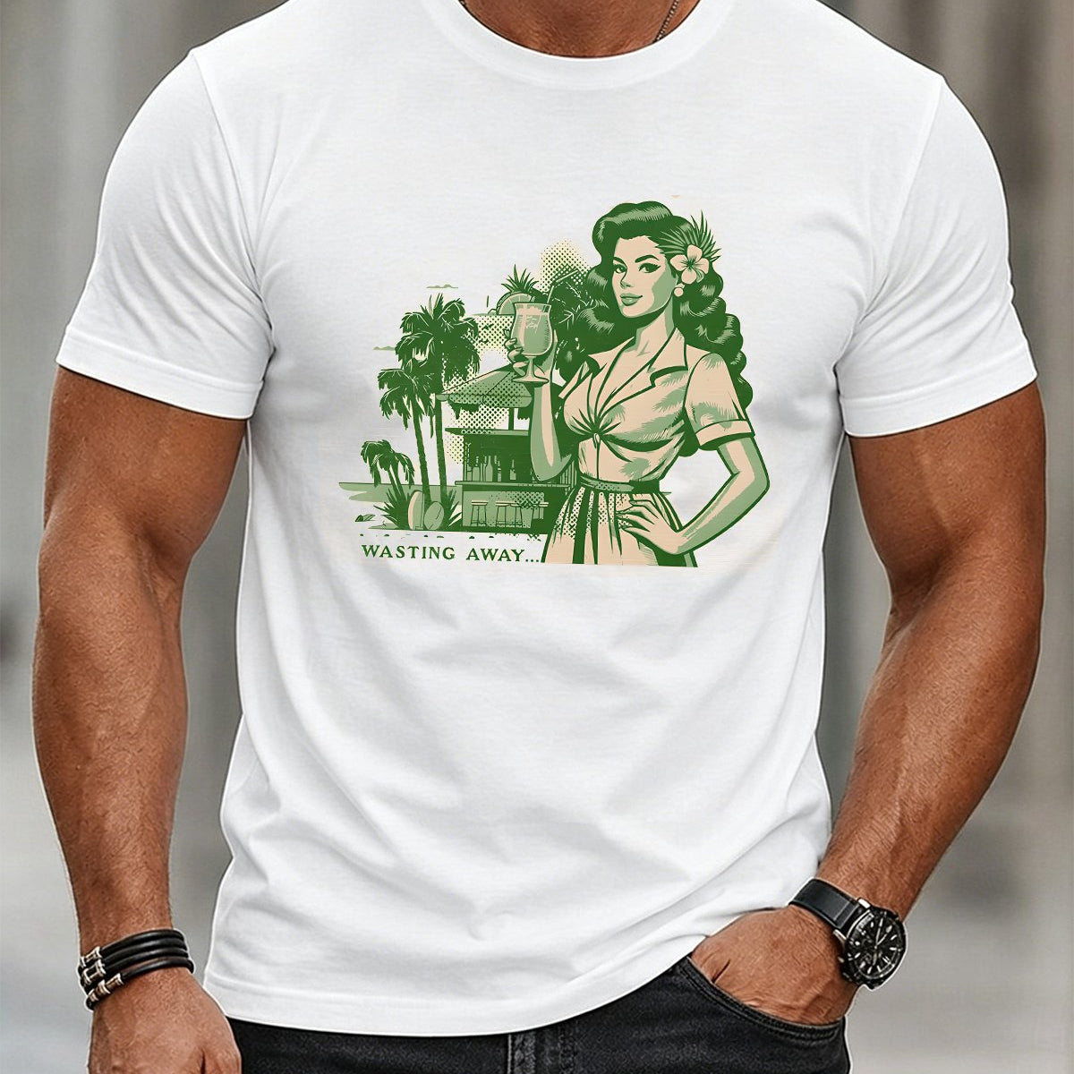 Alohadaddy® Vintage-Style Portrait & Vacation Print Crew-Neck Short-Sleeve T-Shirt