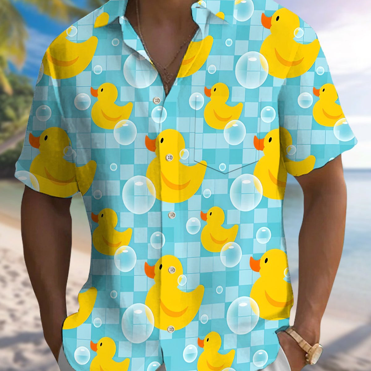 Alohadaddy® Men's Short-Sleeve Button-Down Shirt with Duck Print Pocket and Cardigan-Style Front