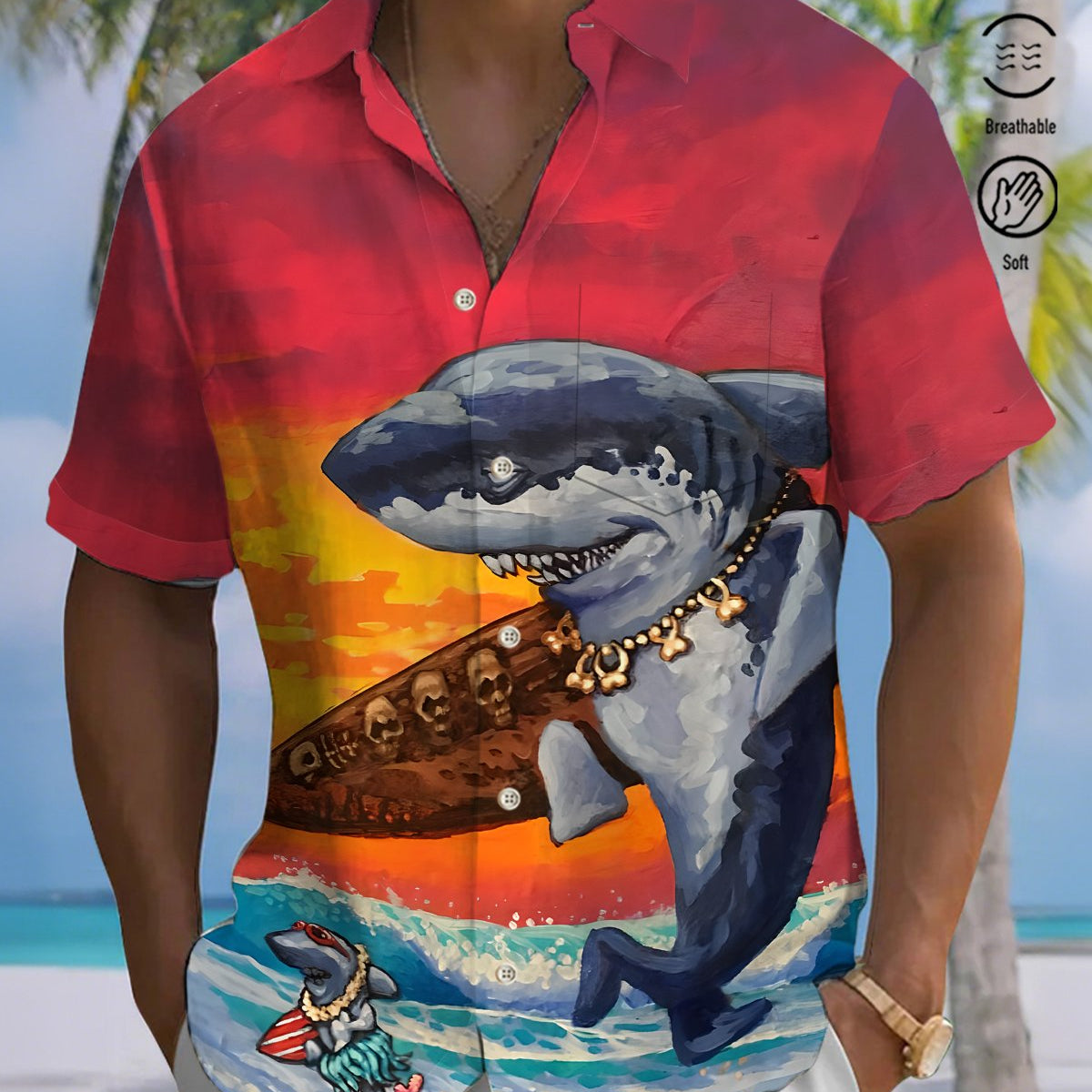 Alohadaddy® Men's Short-Sleeve Button-Down Shirt with Shark Print Pocket and Open-Front Design
