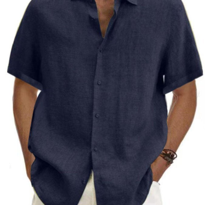 Camisa de manga corta con botones de lino y algodón de color liso para hombre