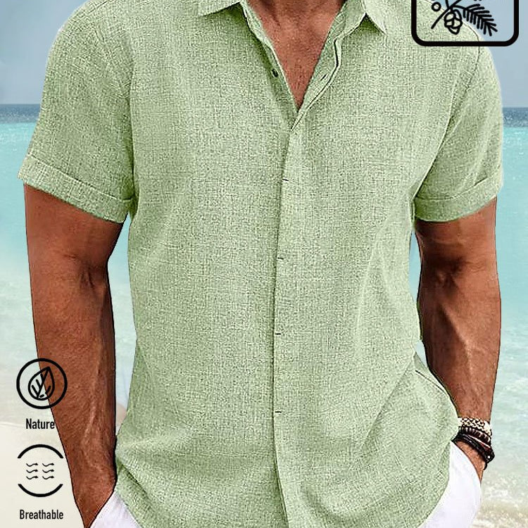 Camisa básica de lino y algodón con botones y manga corta para hombre de Alohadaddy