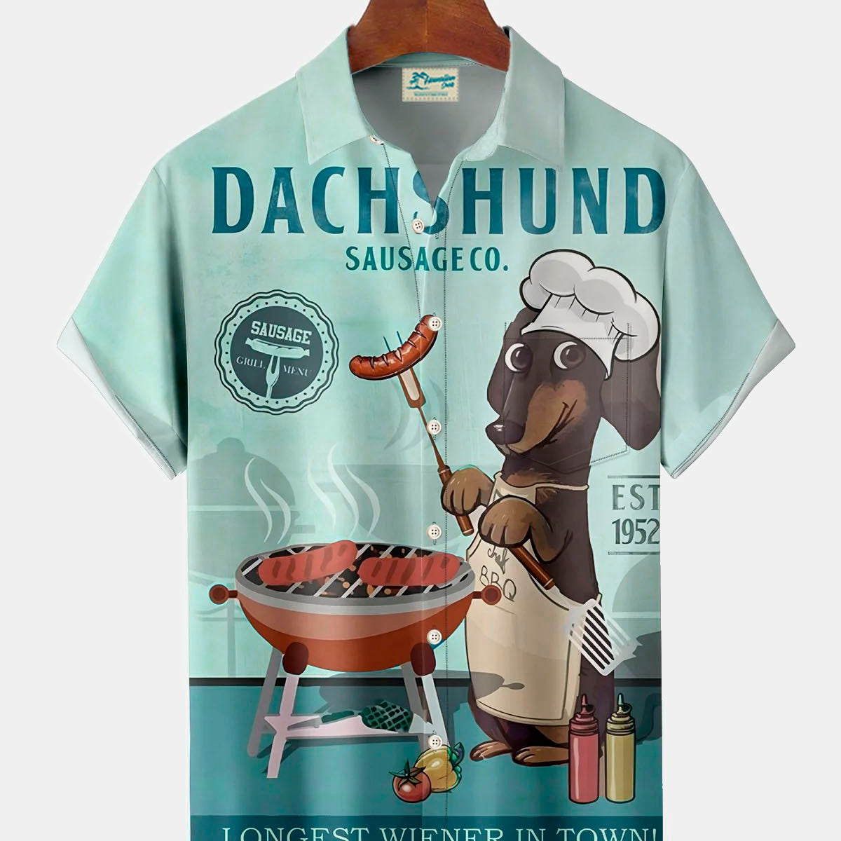 Alohadaddy Retro 60s Cartoon Hot Dog BBQ 3D Print Men's Button Pocket Short Sleeve Shirt Big & Tall