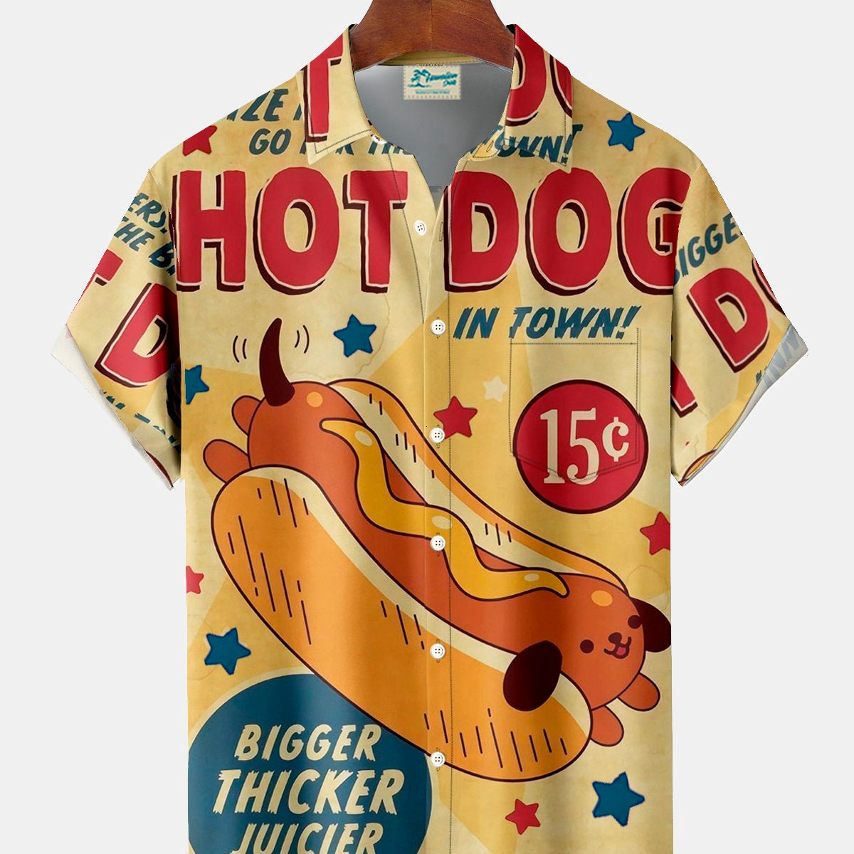 Alohadaddy Retro Hot Dog Cartoon Art 3D Digital Print Men's Button Pocket Short Sleeve Shirt Big & Tall